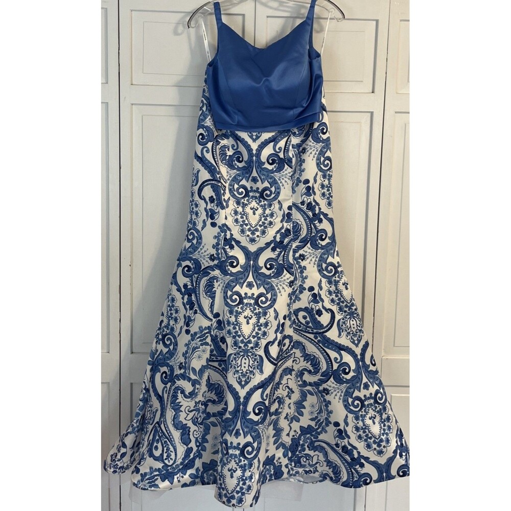 Sherri Hill Blue & White Satin Two Piece Gown Size 2
